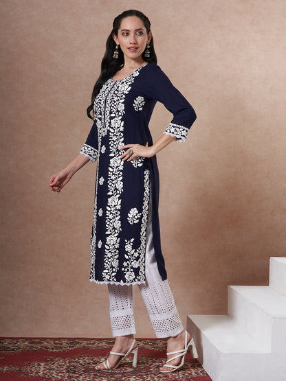 Solid Floral Chikankari Embroidered Straight Fit Kurta - Navy Blue