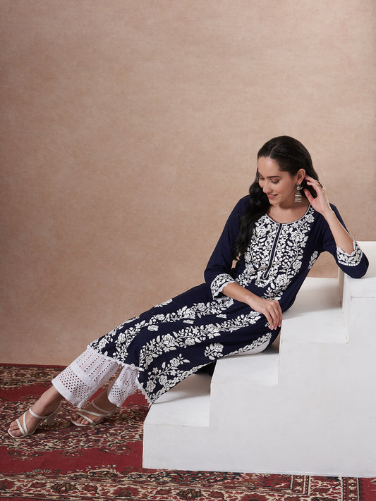 Solid Floral Chikankari Embroidered Straight Fit Kurta - Navy Blue
