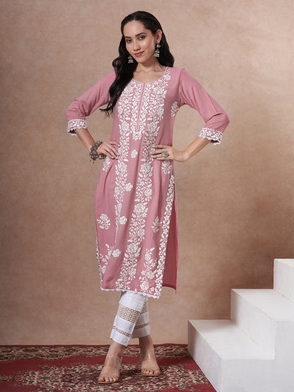 Solid Floral Chikankari Embroidered Straight Fit Kurta - Pink