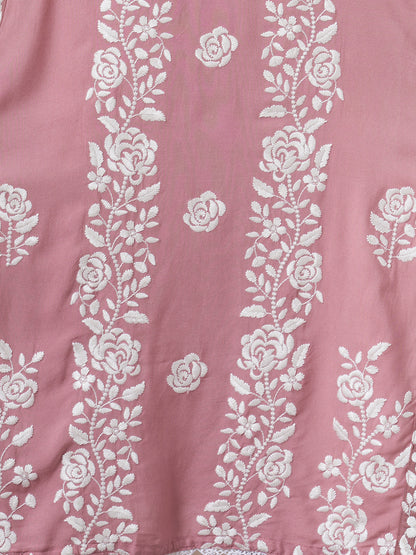 Solid Floral Chikankari Embroidered Straight Fit Kurta - Pink