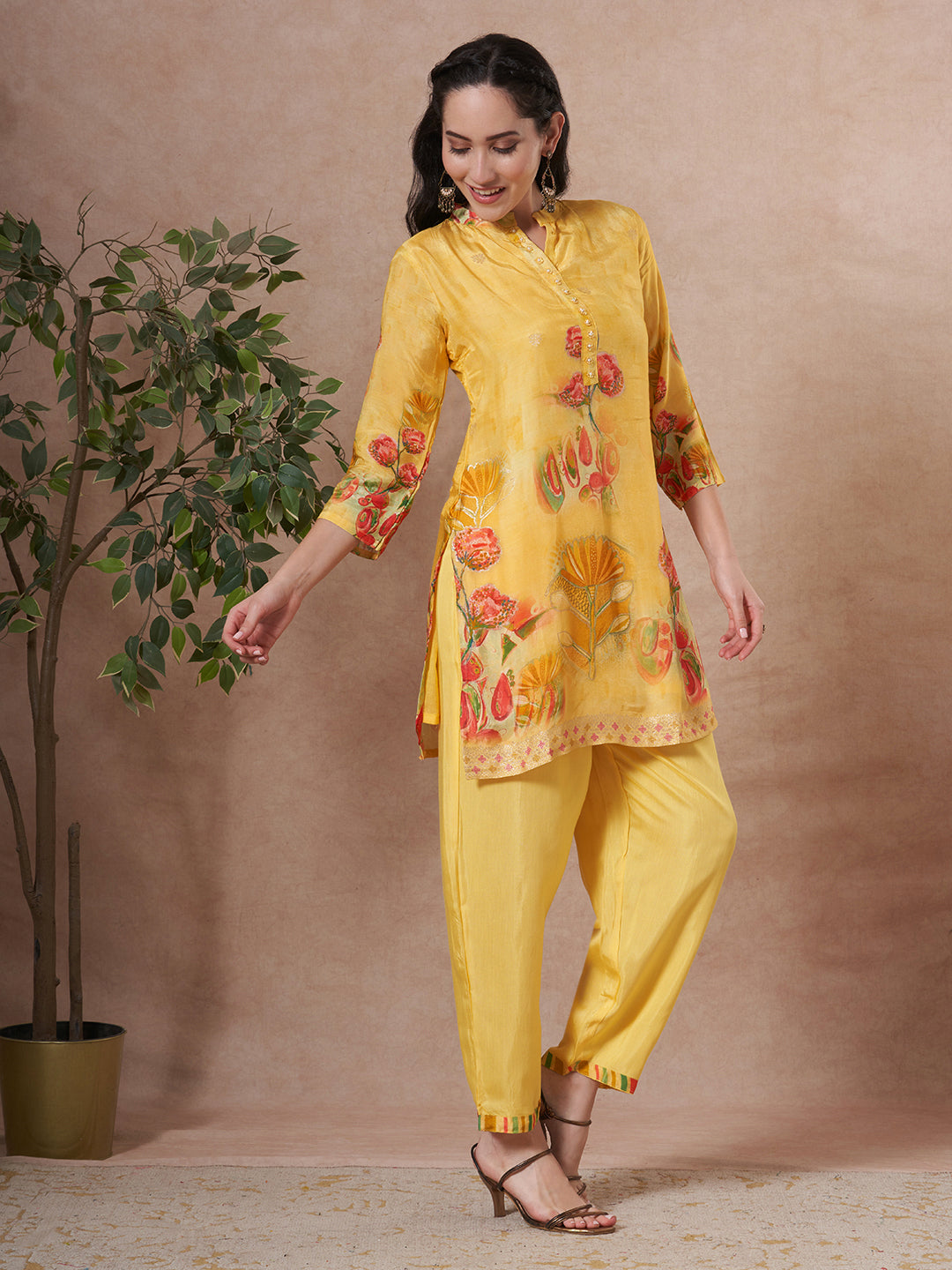 Floral Printed & Woven Straight Fit Kurta with Pant - Yellow