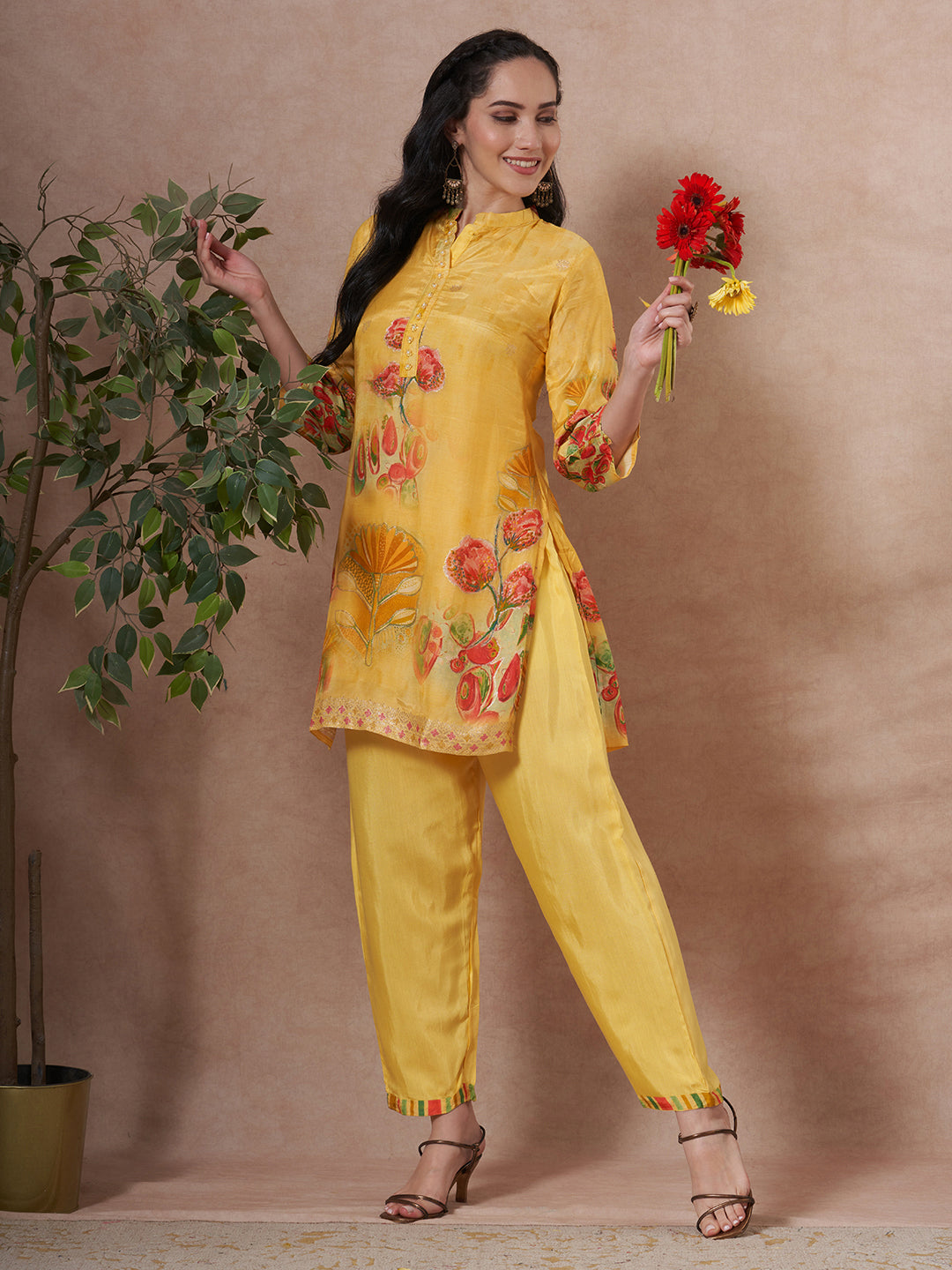 Floral Printed & Woven Straight Fit Kurta with Pant - Yellow