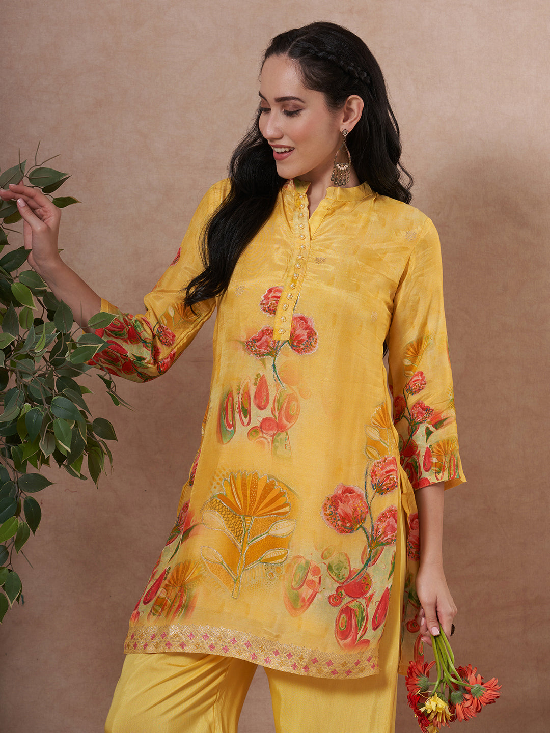Floral Printed & Woven Straight Fit Kurta with Pant - Yellow