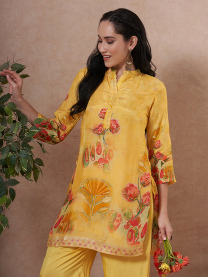 Floral Printed & Woven Straight Fit Kurta with Pant - Yellow