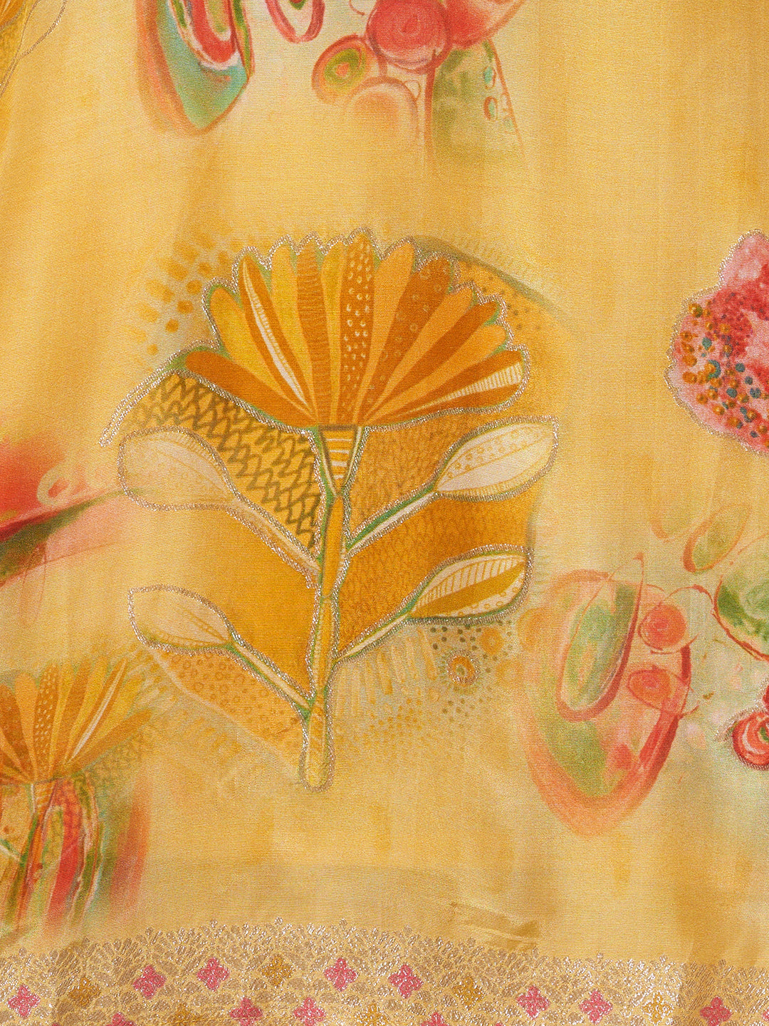 Floral Printed & Woven Straight Fit Kurta with Pant - Yellow