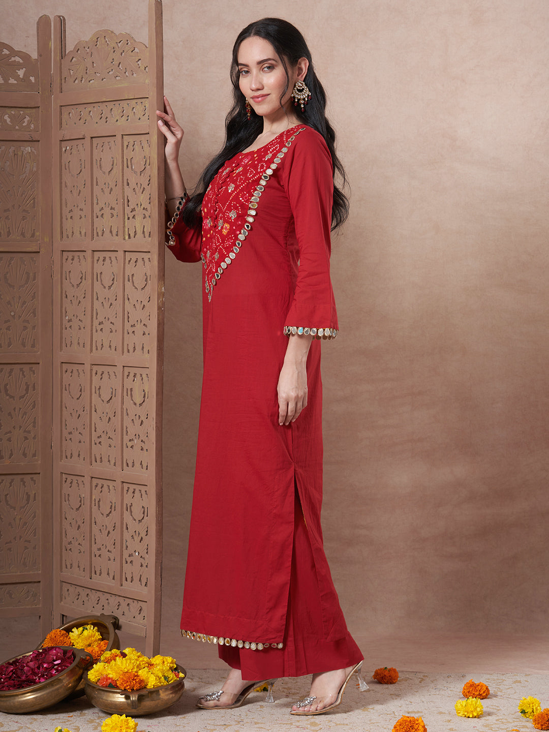 Solid Bandhani Printed Mirror Work A-Line Kurta with Palazzo - Red