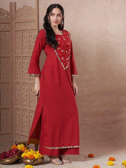 Solid Bandhani Printed Mirror Work A-Line Kurta with Palazzo - Red