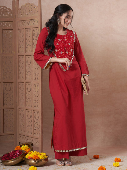 Solid Bandhani Printed Mirror Work A-Line Kurta with Palazzo - Red