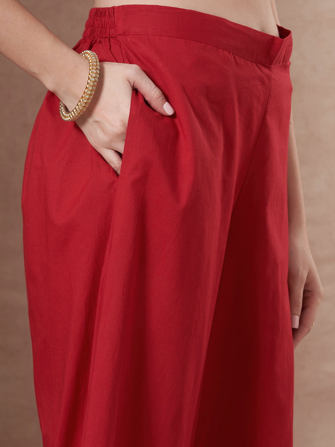 Solid Bandhani Printed Mirror Work A-Line Kurta with Palazzo - Red