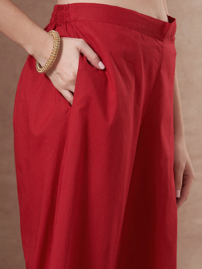 Solid Bandhani Printed Mirror Work A-Line Kurta with Palazzo - Red