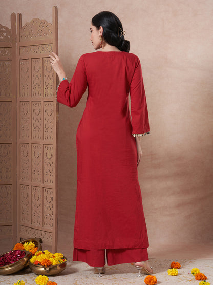 Solid Bandhani Printed Mirror Work A-Line Kurta with Palazzo - Red
