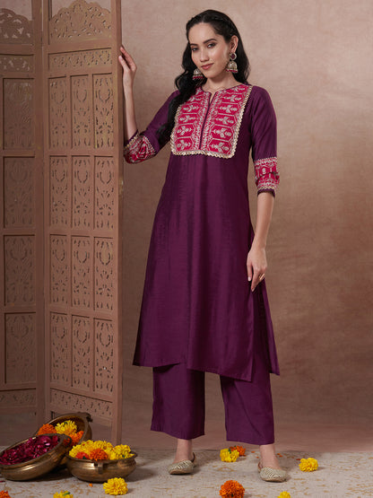 Solid Ethnic Zari Embroidered A-Line Co-ord Set - Wine
