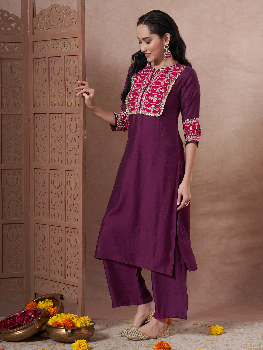 Solid Ethnic Zari Embroidered A-Line Co-ord Set - Wine