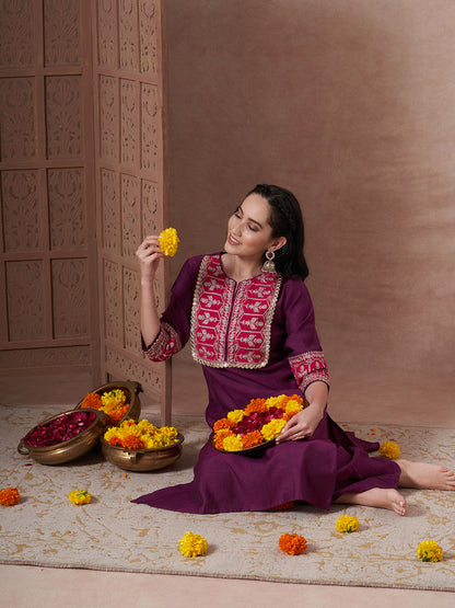 Solid Ethnic Zari Embroidered A-Line Co-ord Set - Wine