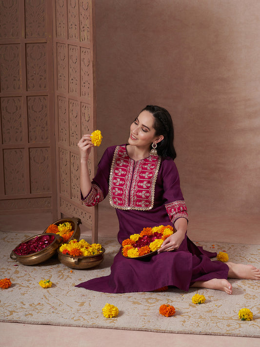 Solid Ethnic Zari Embroidered A-Line Co-ord Set - Wine