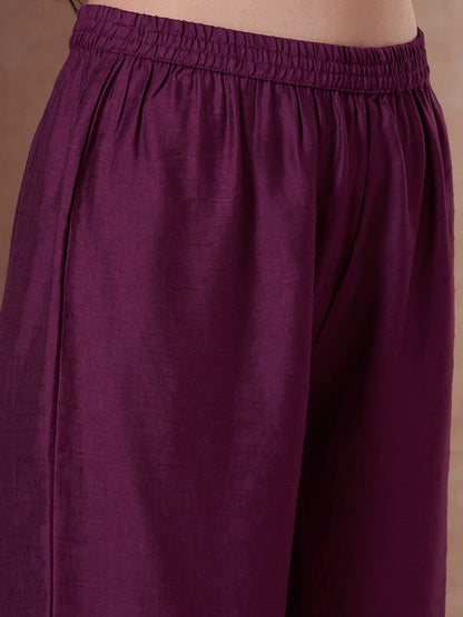 Solid Ethnic Zari Embroidered A-Line Co-ord Set - Wine