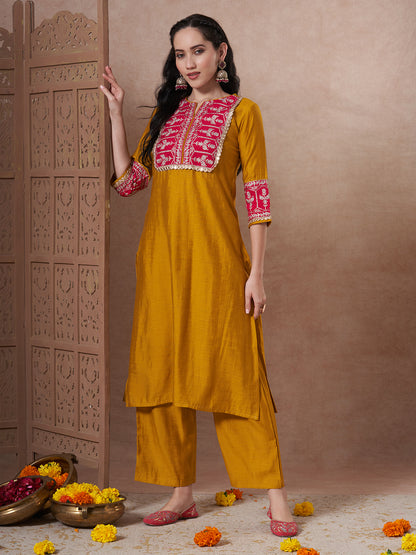 Solid Ethnic Zari Embroidered A-Line Co-ord Set - Mustard