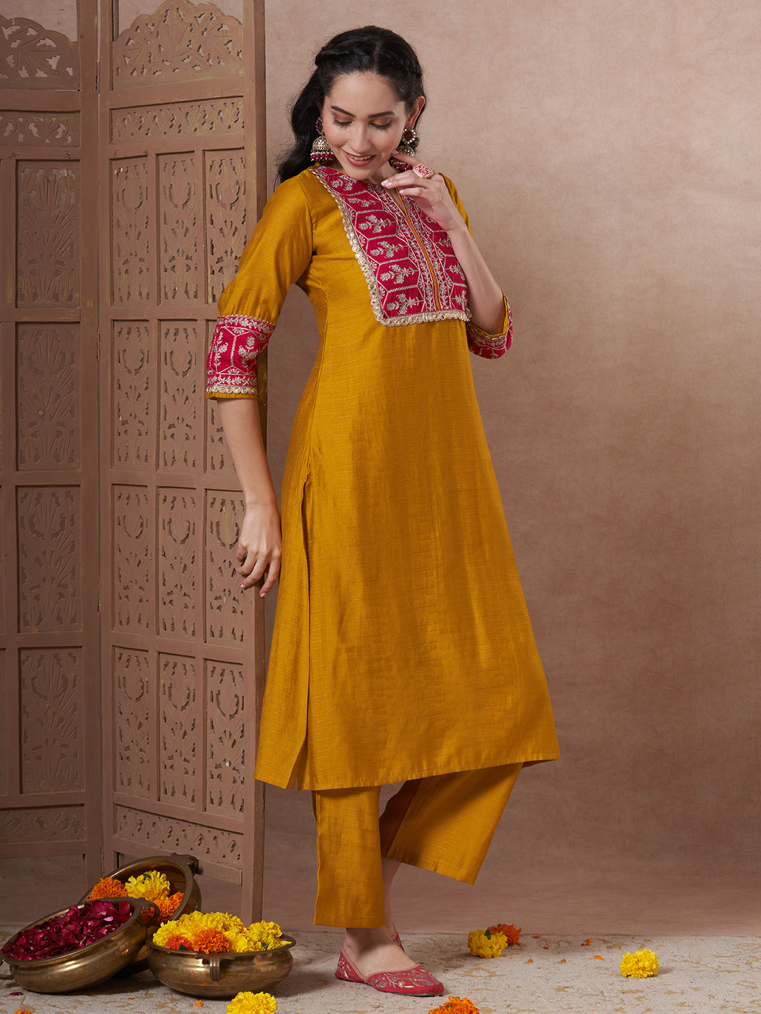 Solid Ethnic Zari Embroidered A-Line Co-ord Set - Mustard