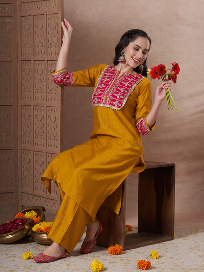Solid Ethnic Zari Embroidered A-Line Co-ord Set - Mustard
