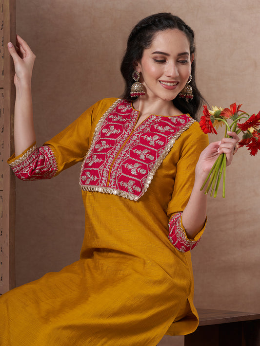 Solid Ethnic Zari Embroidered A-Line Co-ord Set - Mustard