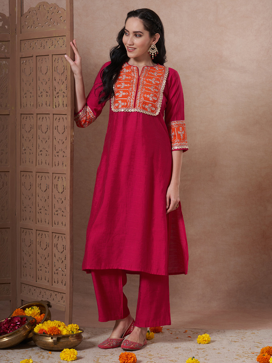 Solid Ethnic Zari Embroidered A-Line Co-ord Set - Rani