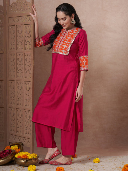 Solid Ethnic Zari Embroidered A-Line Co-ord Set - Rani