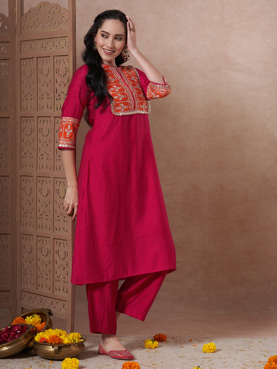 Solid Ethnic Zari Embroidered A-Line Co-ord Set - Rani
