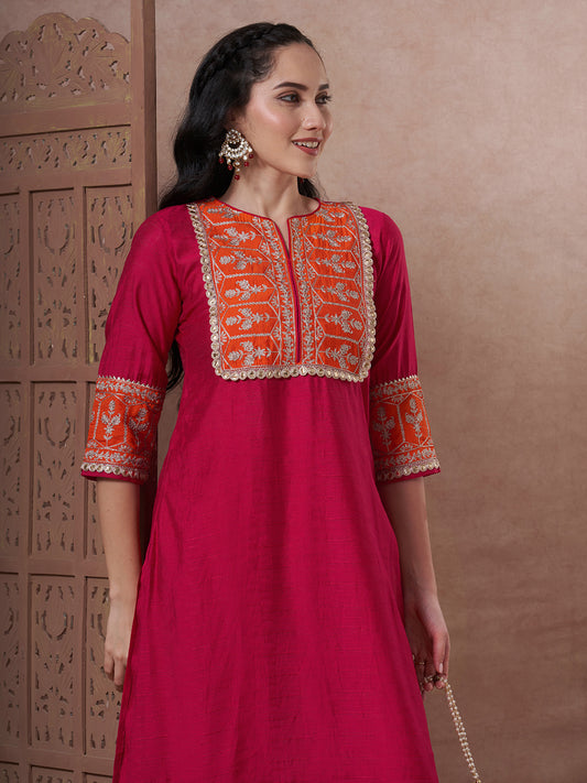 Solid Ethnic Zari Embroidered A-Line Co-ord Set - Rani