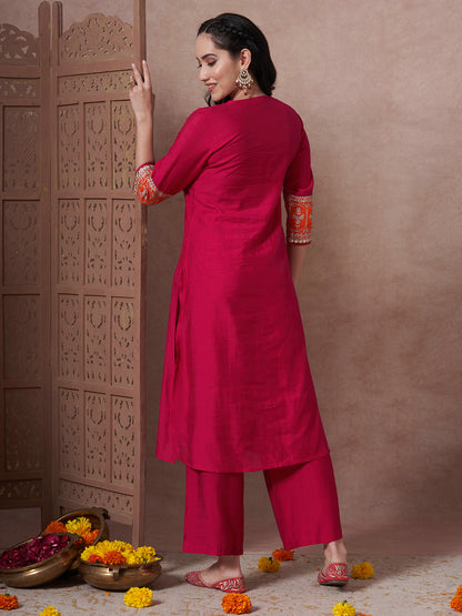 Solid Ethnic Zari Embroidered A-Line Co-ord Set - Rani