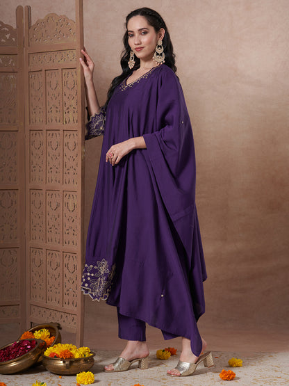 Solid Floral Embroidered Anarkali Flared Kurta with Pant and Dupatta - Purple