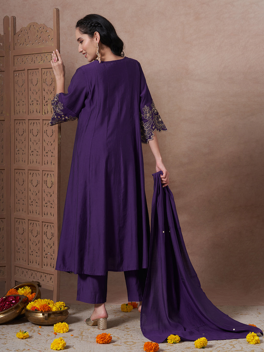 Solid Floral Embroidered Anarkali Flared Kurta with Pant and Dupatta - Purple