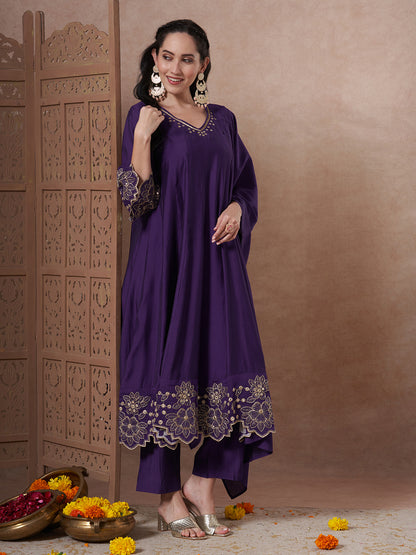 Solid Floral Embroidered Anarkali Flared Kurta with Pant and Dupatta - Purple