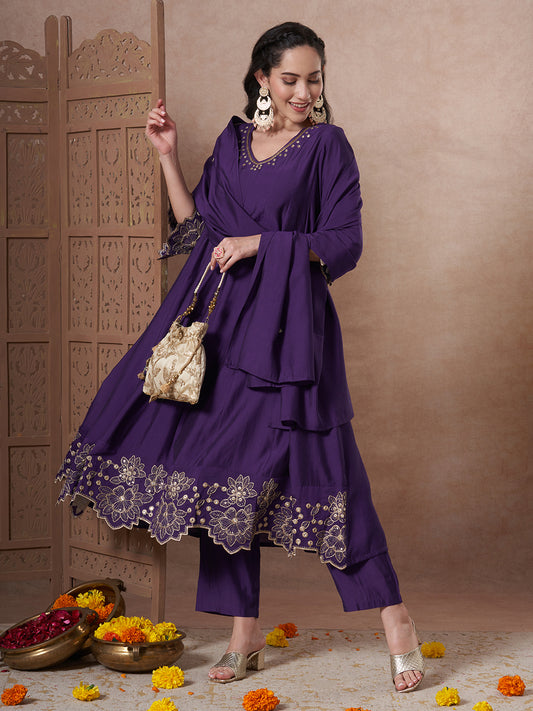 Solid Floral Embroidered Anarkali Flared Kurta with Pant and Dupatta - Purple