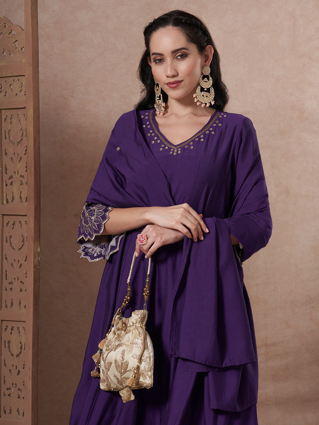 Solid Floral Embroidered Anarkali Flared Kurta with Pant and Dupatta - Purple