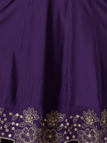 Solid Floral Embroidered Anarkali Flared Kurta with Pant and Dupatta - Purple