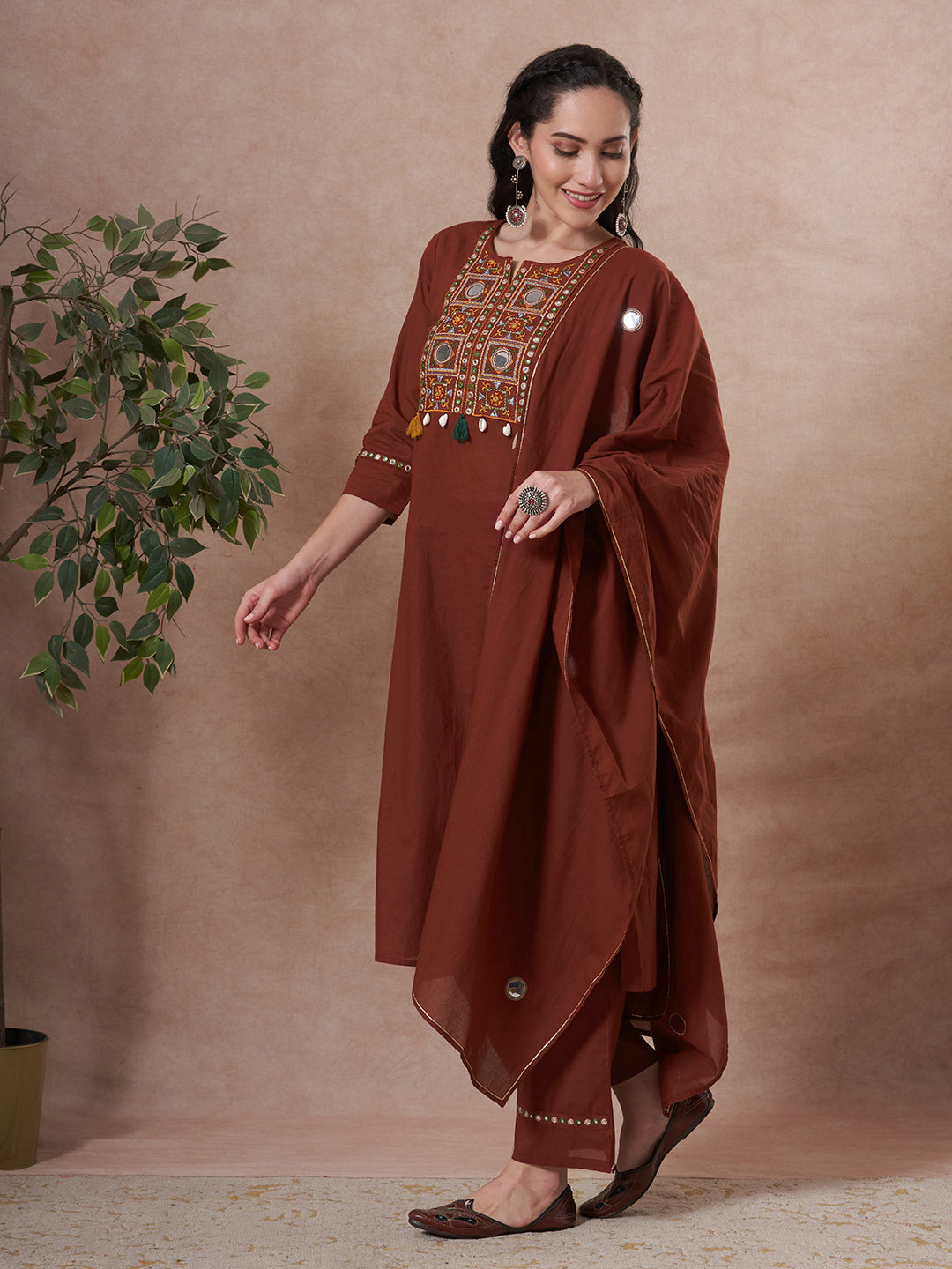 Solid Mirror Embroidered Straight Fit Kurta with Palazzo and Dupatta - Brown