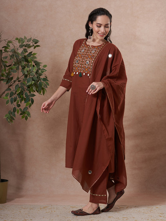 Solid Mirror Embroidered Straight Fit Kurta with Palazzo and Dupatta - Brown