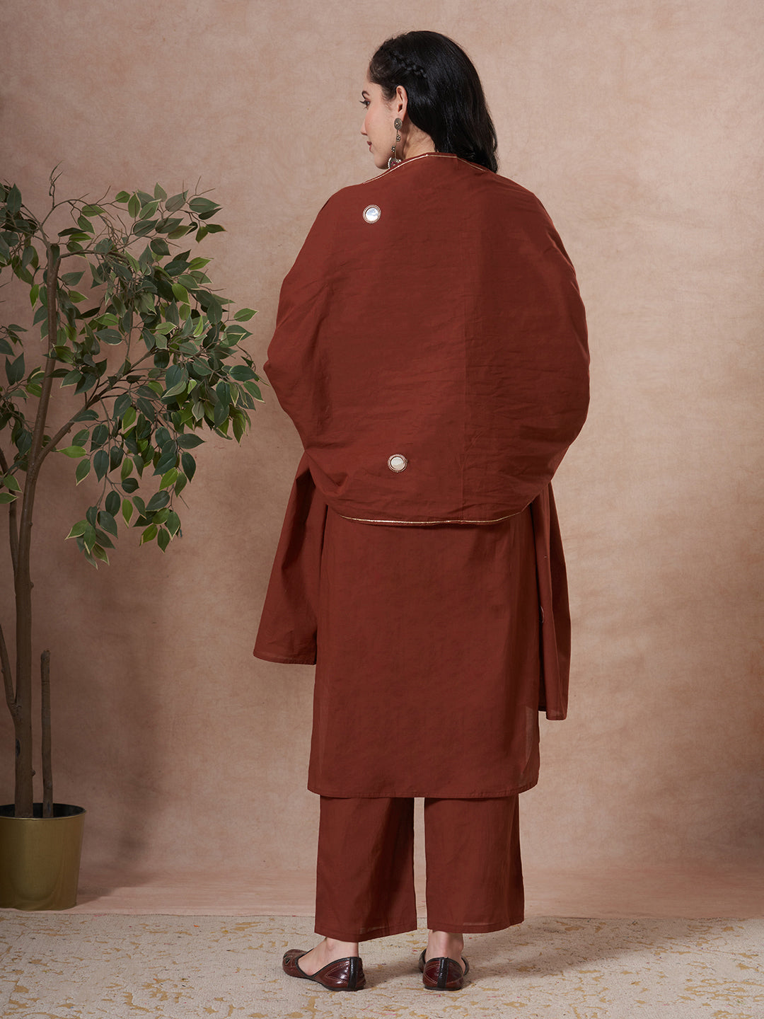 Solid Mirror Embroidered Straight Fit Kurta with Palazzo and Dupatta - Brown