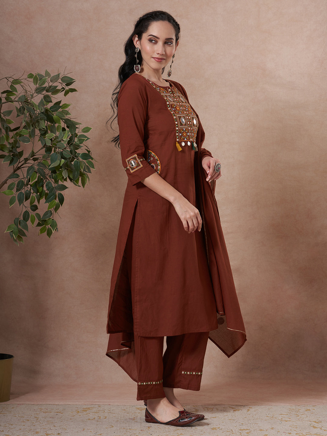 Solid Mirror Embroidered Straight Fit Kurta with Palazzo and Dupatta - Brown