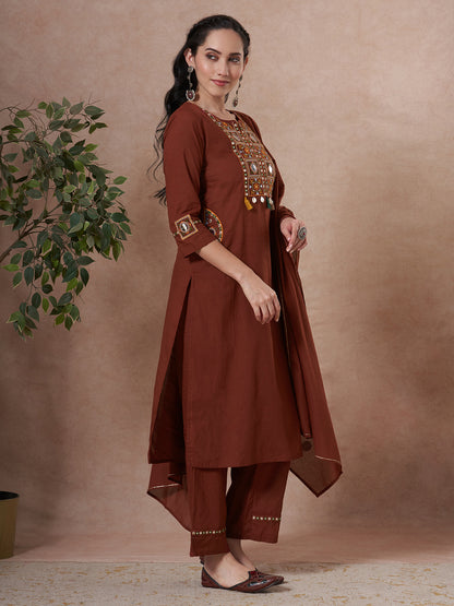 Solid Mirror Embroidered Straight Fit Kurta with Palazzo and Dupatta - Brown