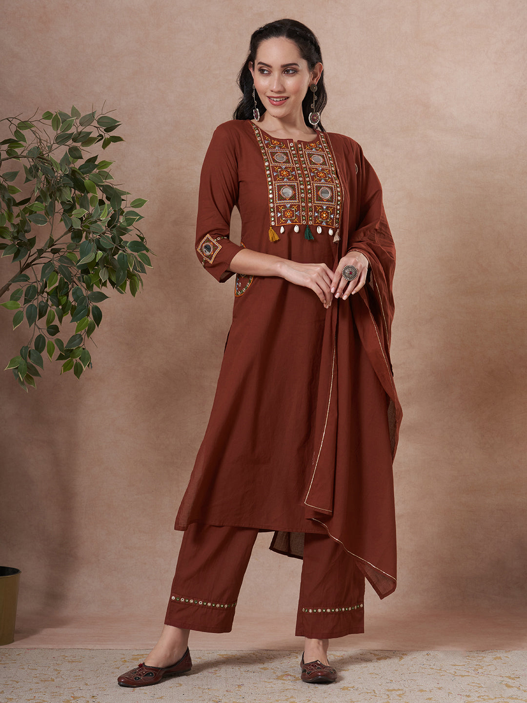 Solid Mirror Embroidered Straight Fit Kurta with Palazzo and Dupatta - Brown