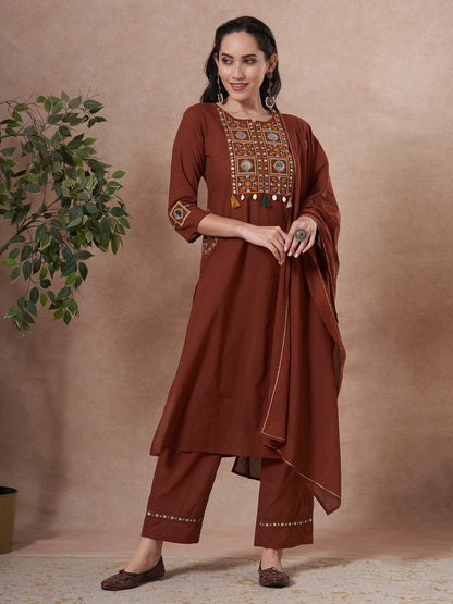 Solid Mirror Embroidered Straight Fit Kurta with Palazzo and Dupatta - Brown