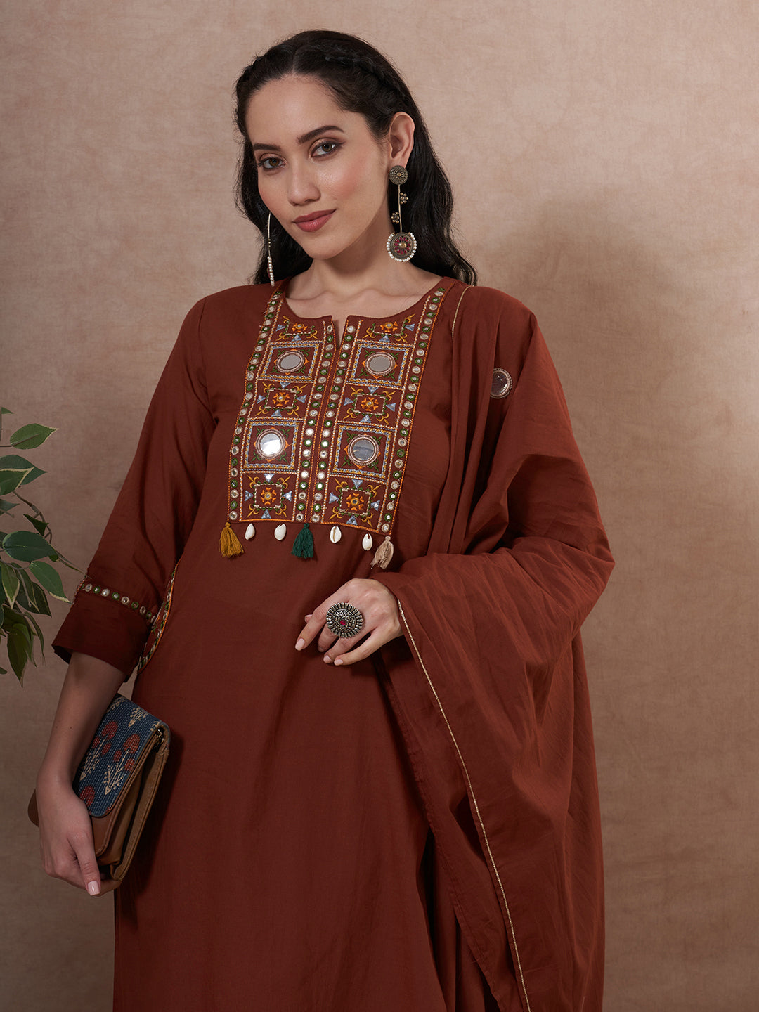 Solid Mirror Embroidered Straight Fit Kurta with Palazzo and Dupatta - Brown