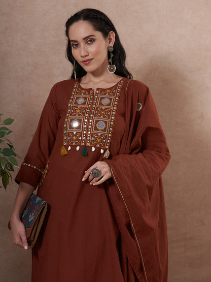 Solid Mirror Embroidered Straight Fit Kurta with Palazzo and Dupatta - Brown