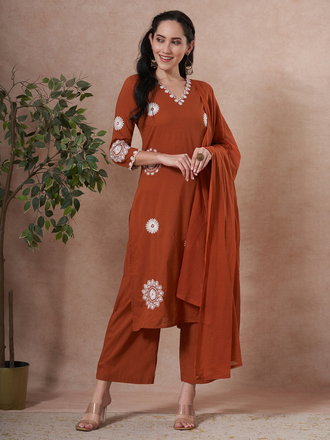 Solid Floral Embroidered Straight Fit Kurta with Palazzo and Dupatta - Rust