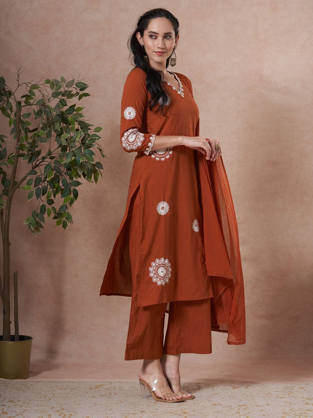 Solid Floral Embroidered Straight Fit Kurta with Palazzo and Dupatta - Rust