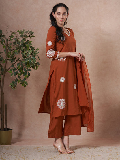 Solid Floral Embroidered Straight Fit Kurta with Palazzo and Dupatta - Rust