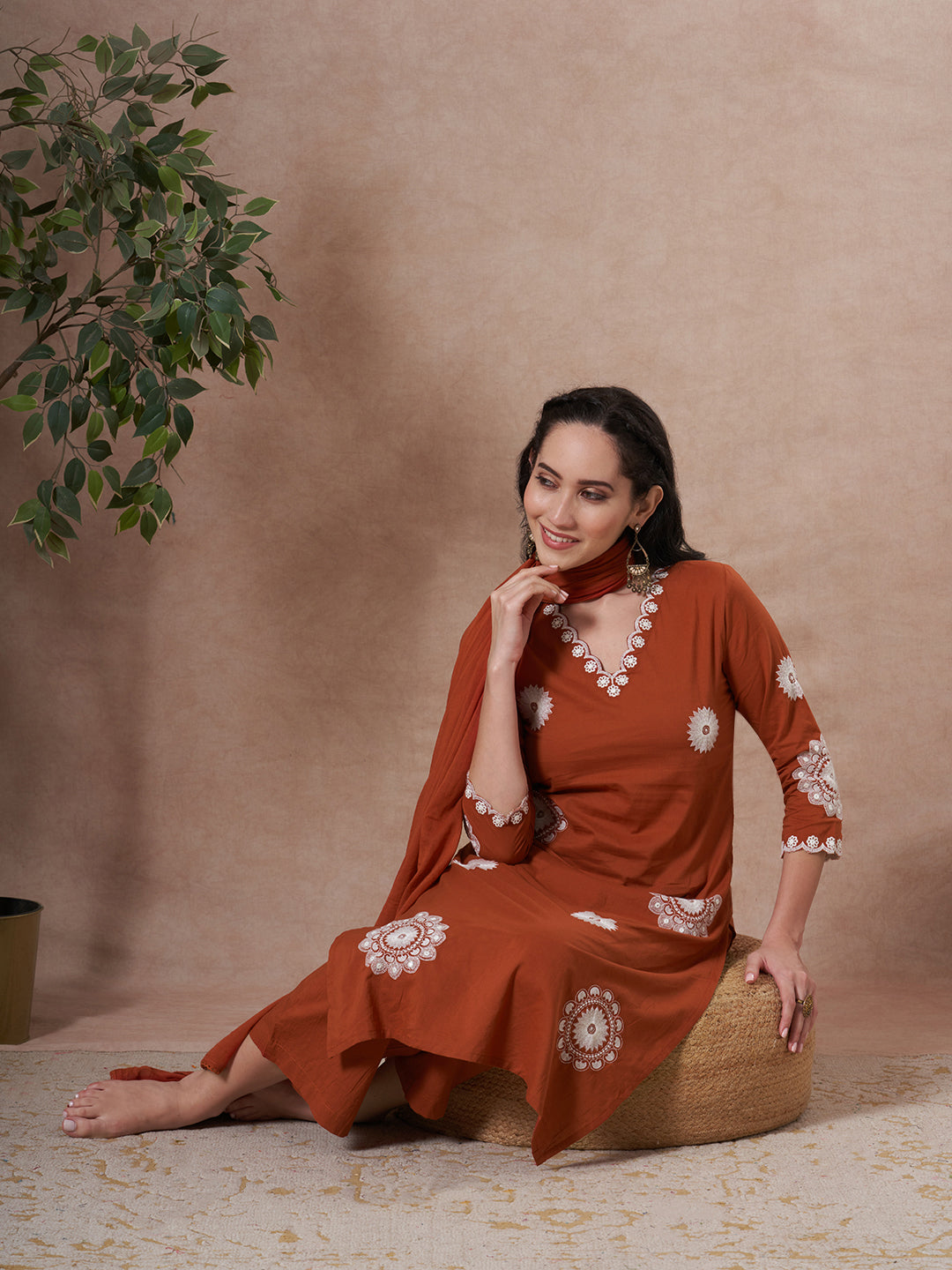 Solid Floral Embroidered Straight Fit Kurta with Palazzo and Dupatta - Rust