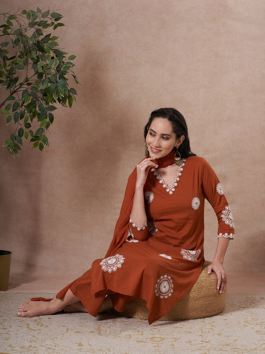 Solid Floral Embroidered Straight Fit Kurta with Palazzo and Dupatta - Rust