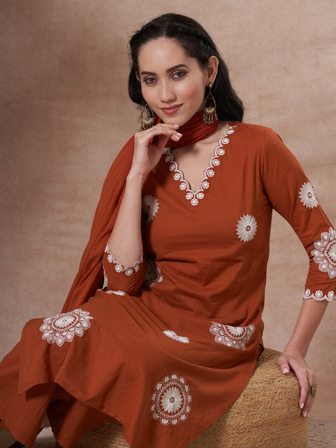 Solid Floral Embroidered Straight Fit Kurta with Palazzo and Dupatta - Rust